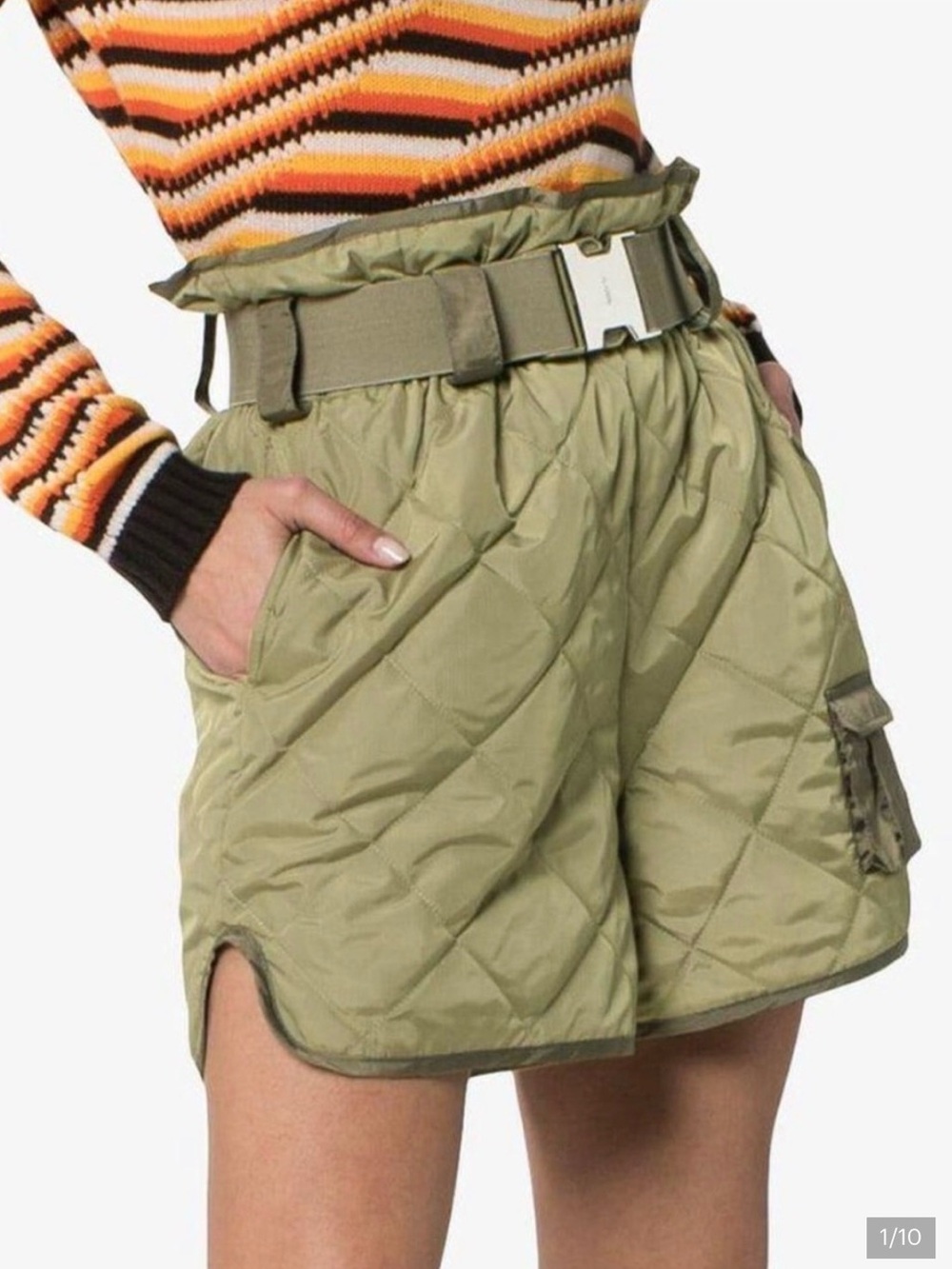 Ganni Olive Quilted High-Rise Cargo Shorts Size 34